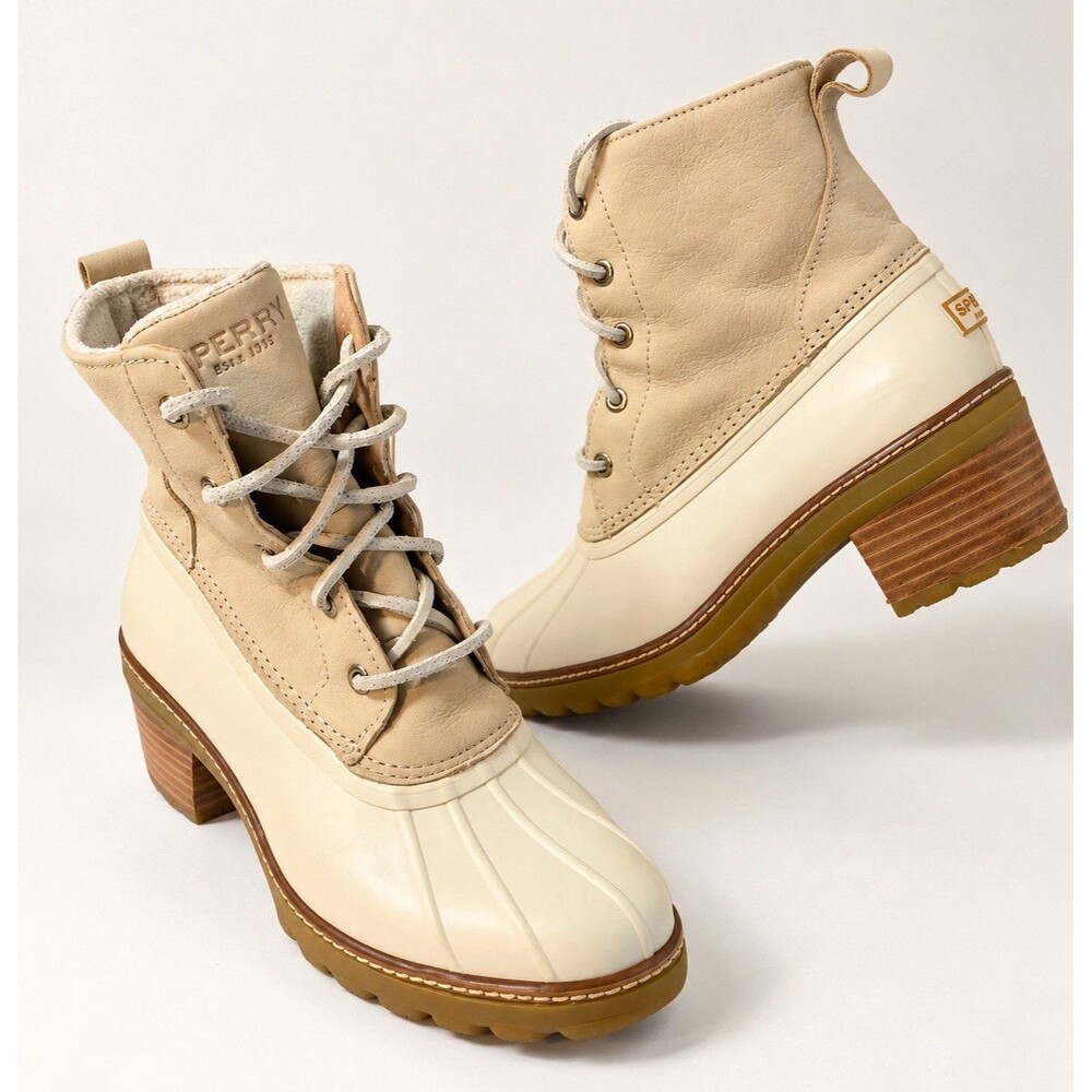 Sperry Womens 7.5 Duck Ankle Boots Cream Lace Up Waterproof Heels Preppy Y2K